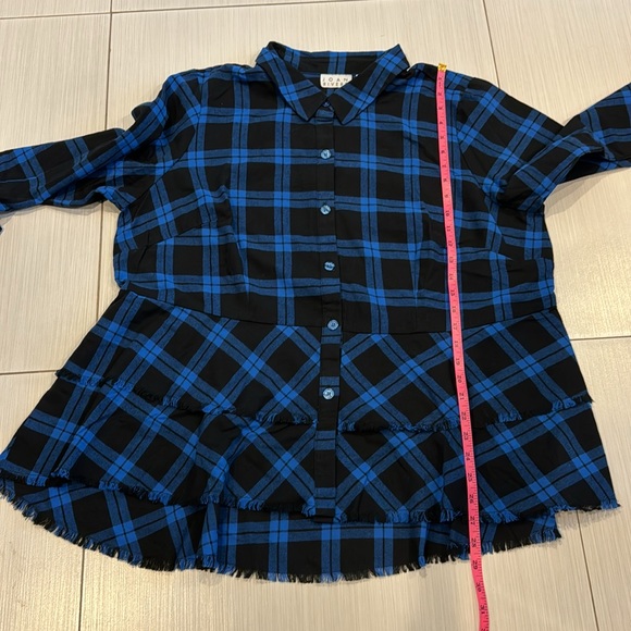 Joan Rivers NWOT Plaid Peplum with Fringe Hem long Sleeves buttoned Blouse. - Picture 9 of 10